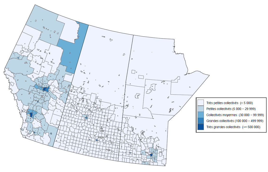 Carte des subdivisions de recensement (SDR) de la région des Prairies, correspondant à l’Alberta, à la Saskatchewan et au Manitoba, qui montre une concentration de la population dans les plus grandes SDR, ainsi qu’une population relativement plus élevée en Alberta et dans les SDR entourant Winnipeg.
