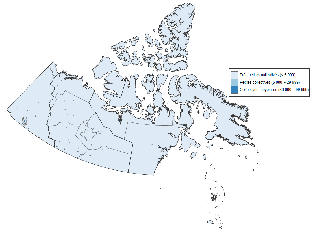 Carte de la subdivision de recensement (SDR) de la région du Nord, correspondant au Yukon, aux Territoires du Nord-Ouest et au Nunavut, qui montre que la région est en grande partie composée de très petites communautés. 