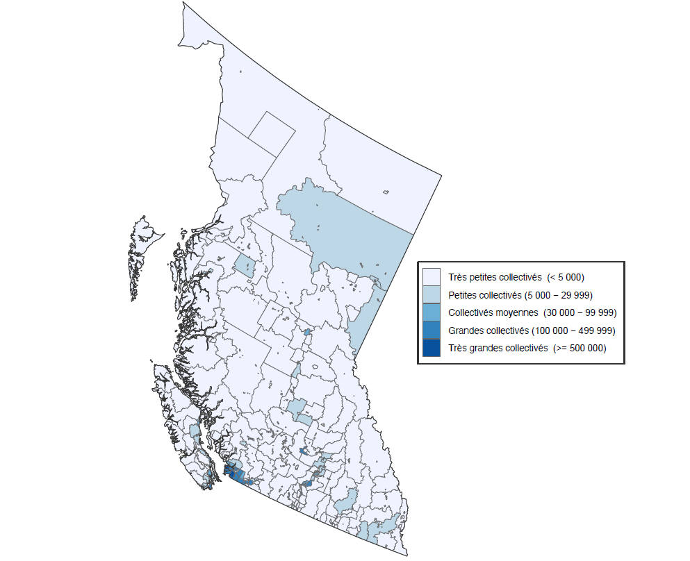 Carte des subdivisions de recensement (SDR) de la région de l’Ouest correspondant à la Colombie-Britannique, qui montre que la population est principalement concentrée dans la vallée du Bas-Fraser, ainsi que le long des côtes de l’île de Vancouver et dans certaines parties de l’intérieur de la province. 