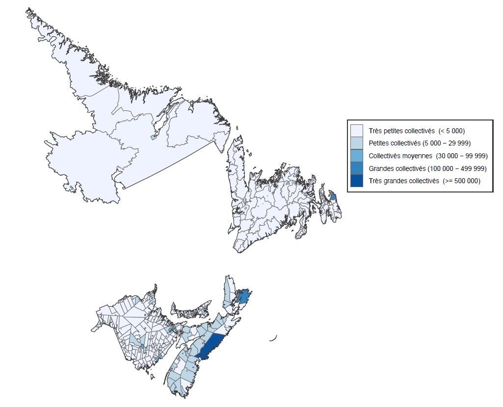 Carte illustrant la population des subdivisions de recensement (SDR) dans la région de l’Atlantique, correspondant au Nouveau-Brunswick, à l’Île-du-Prince-Édouard, à la Nouvelle-Écosse et à Terre-Neuve-et-Labrador. 